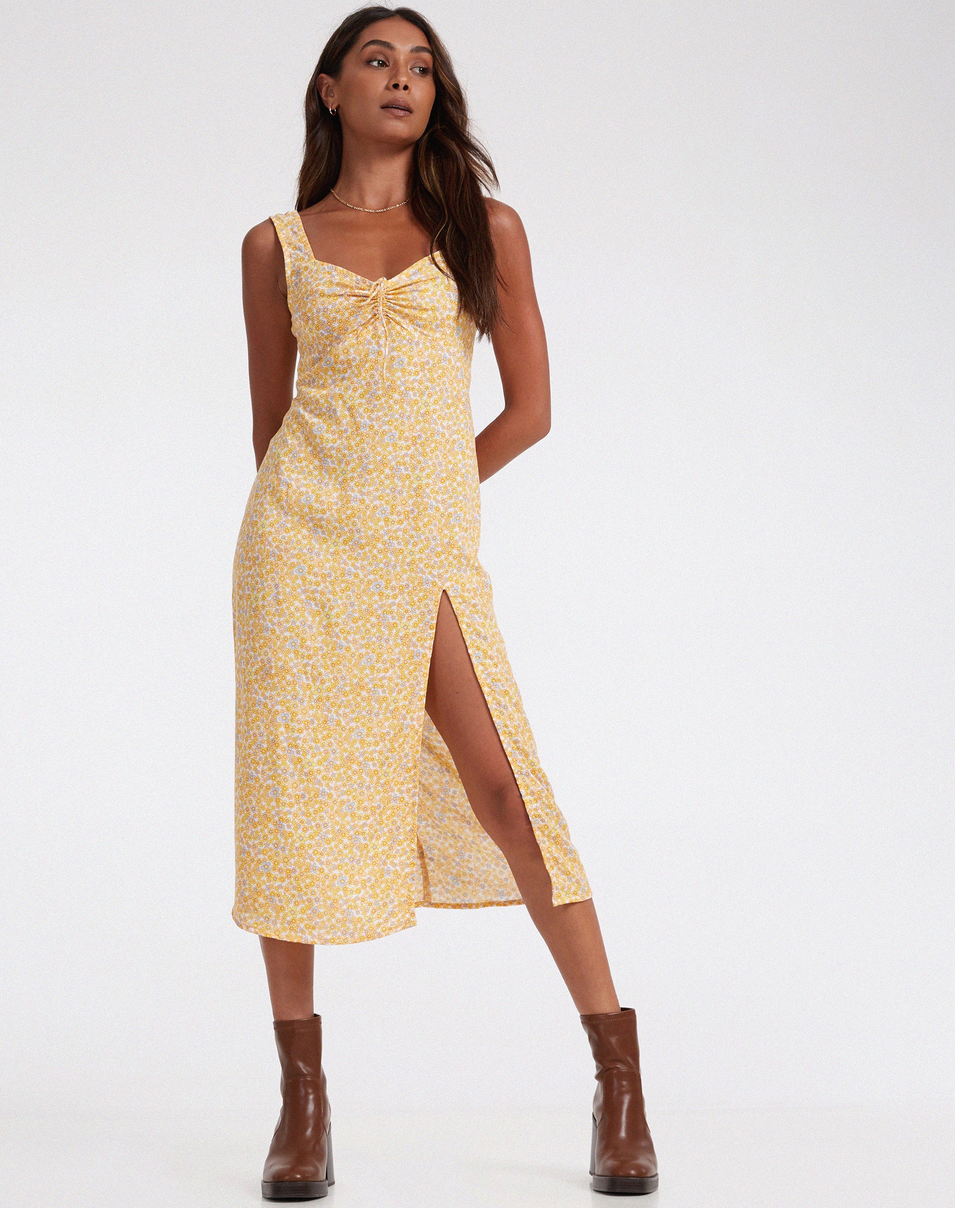 Yellow Floral Midi Dress | Jorie – motelrocks.com